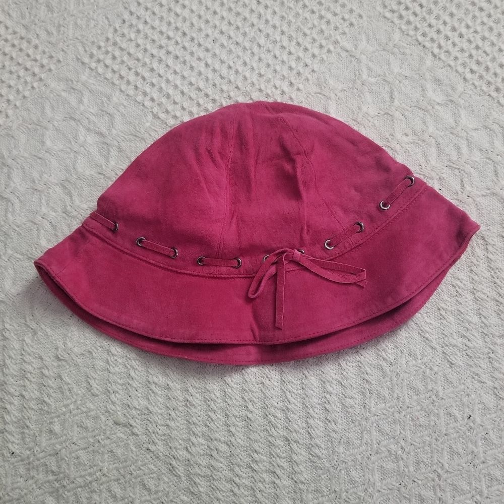 Pink Leather Suede Bucket Hat with Tie